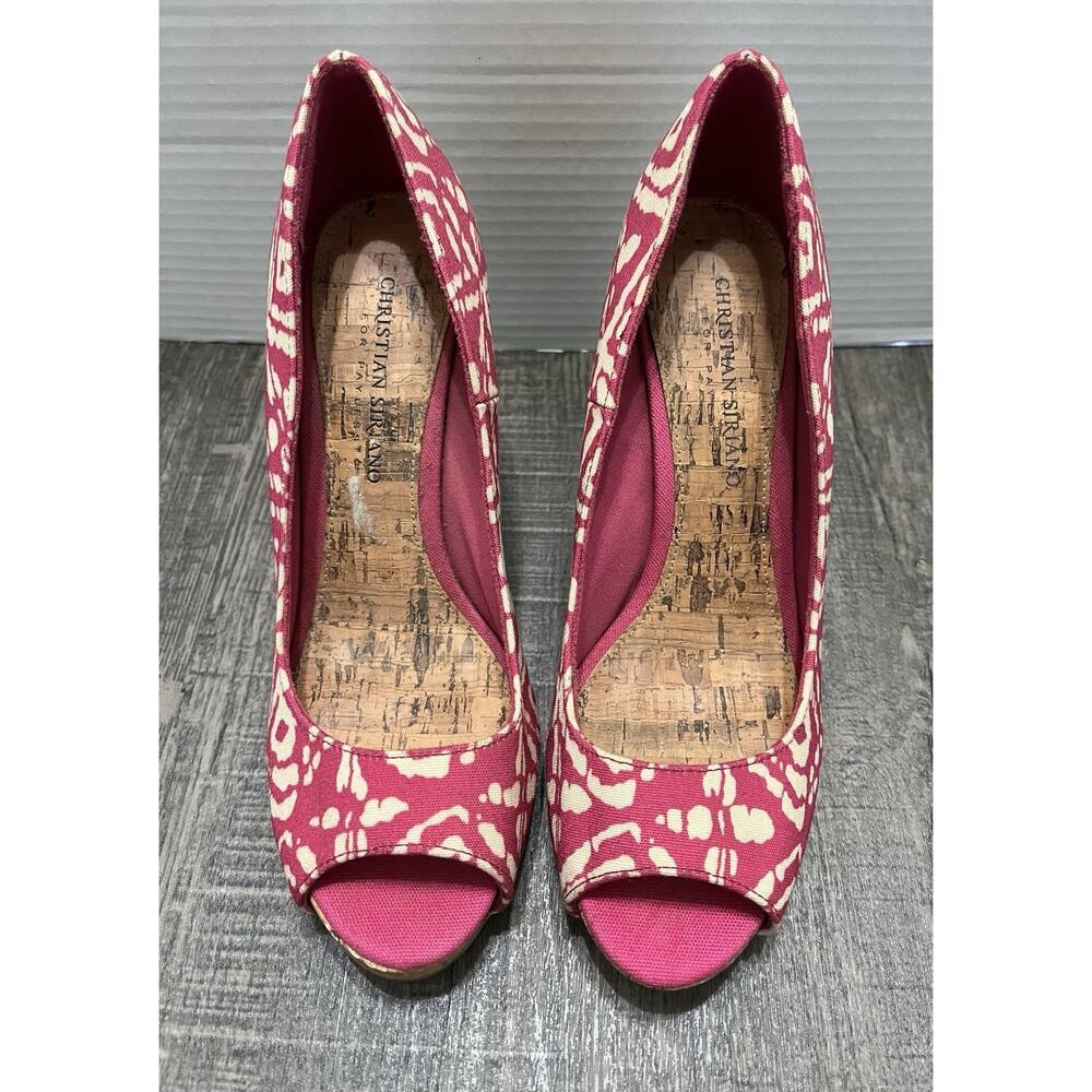 CHRISTIAN SIRIANO Women’s Pink & White Ikat Canvas & Cork Peep Toe Pump Heel 7.5 - Picture 2 of 8